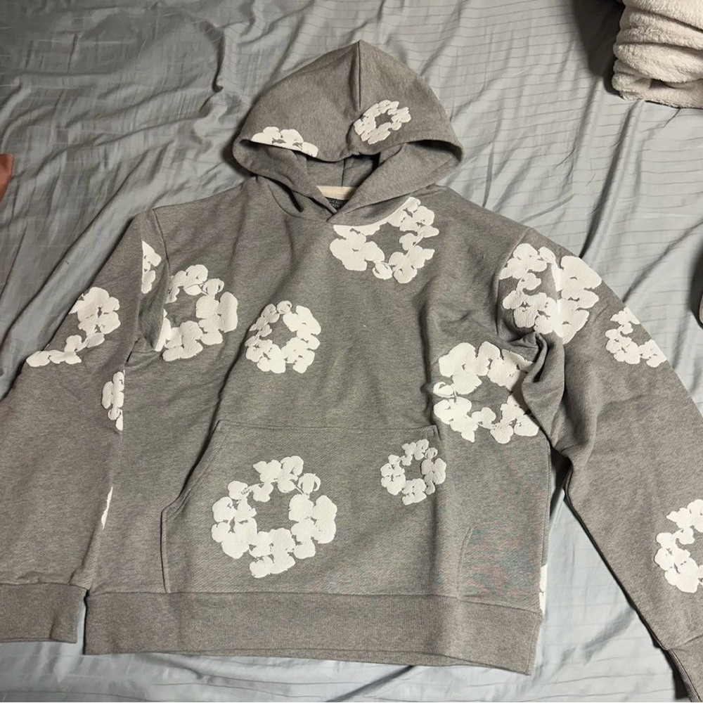 Gray Hoodie with White Floral Patterns